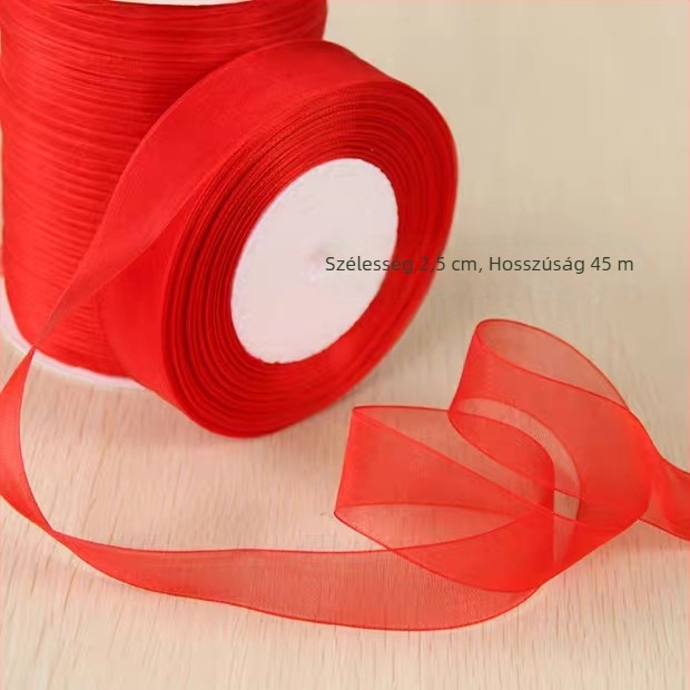 Piros chiffon szalag, 0.6–5 cm széles, ajándékcsomagoláshoz és hajdíszekhez, masni kis virágos mintával