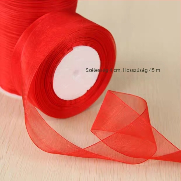 Piros chiffon szalag, 0.6–5 cm széles, ajándékcsomagoláshoz és hajdíszekhez, masni kis virágos mintával