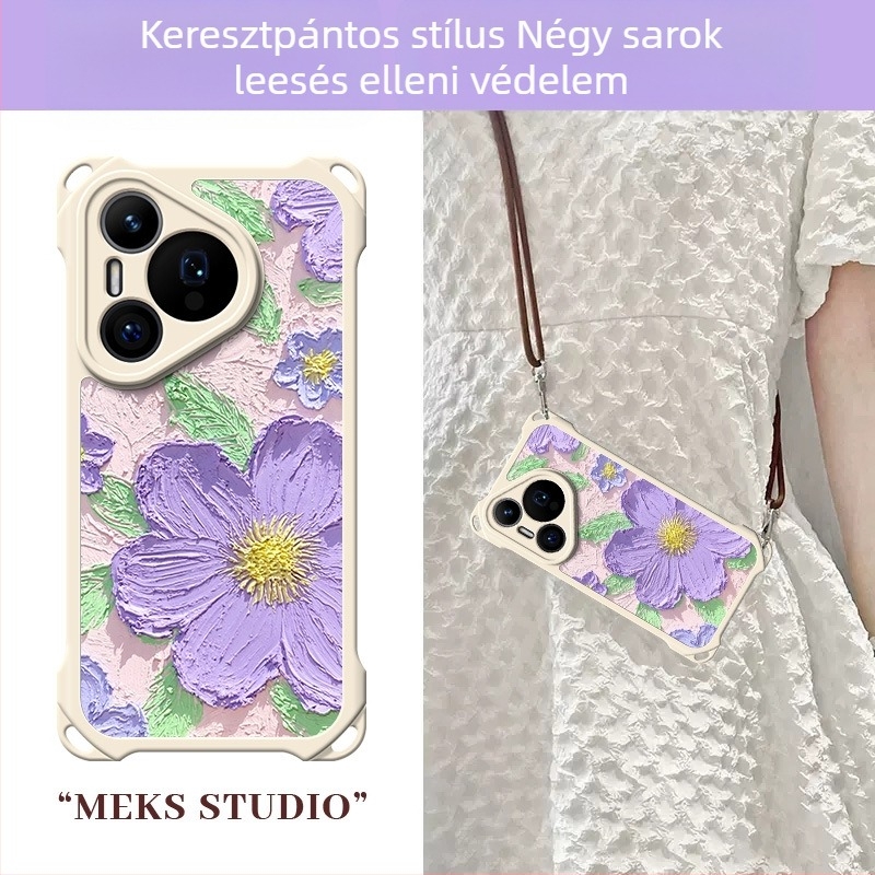 Huawei Pura70 Pro, P70 Ultra és P60 Pro kompatibilis szilikon tok olajfestmény dizájnnal – Lila virág a felhők felett
