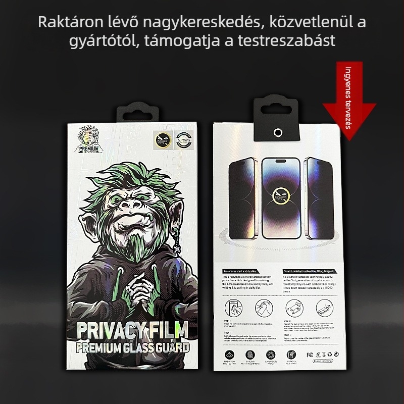 Gorilla mobiltelefonhoz készült magánéletvédő képernyővédő fólia csomagoló doboz, temperált fóliával, 3D belső rekesz és műanyag kampóval