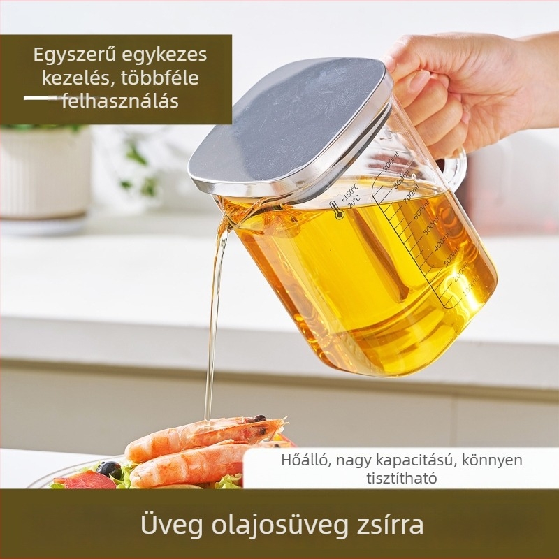 Nagy kapacitású olajtartó üveg fogantyúval, hőálló, négyszögletes mérőedény fedővel, olajhoz és teához.