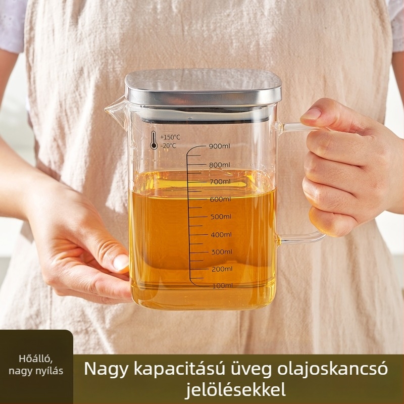 Nagy kapacitású olajtartó üveg fogantyúval, hőálló, négyszögletes mérőedény fedővel, olajhoz és teához.