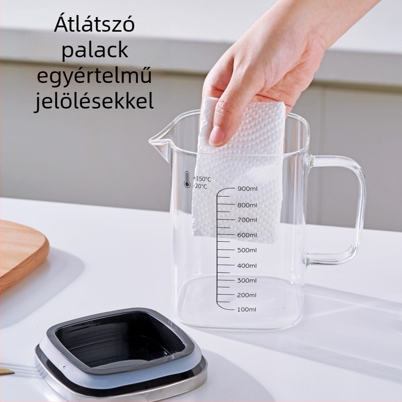 Nagy kapacitású olajtartó üveg fogantyúval, hőálló, négyszögletes mérőedény fedővel, olajhoz és teához.