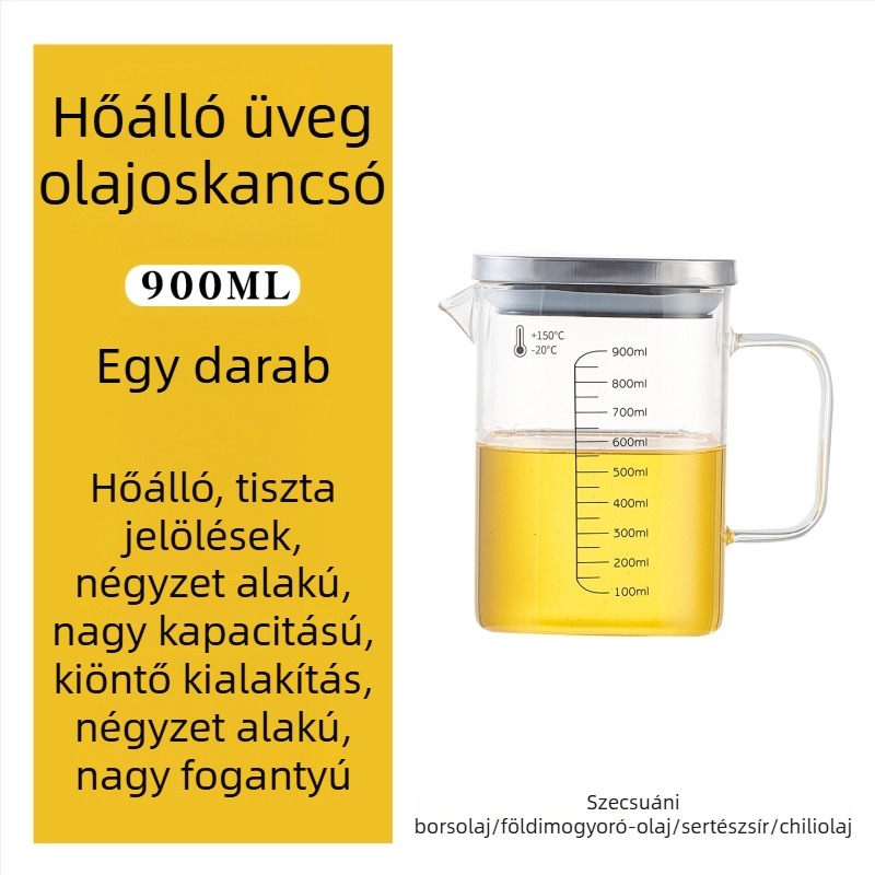 Nagy kapacitású olajtartó üveg fogantyúval, hőálló, négyszögletes mérőedény fedővel, olajhoz és teához.