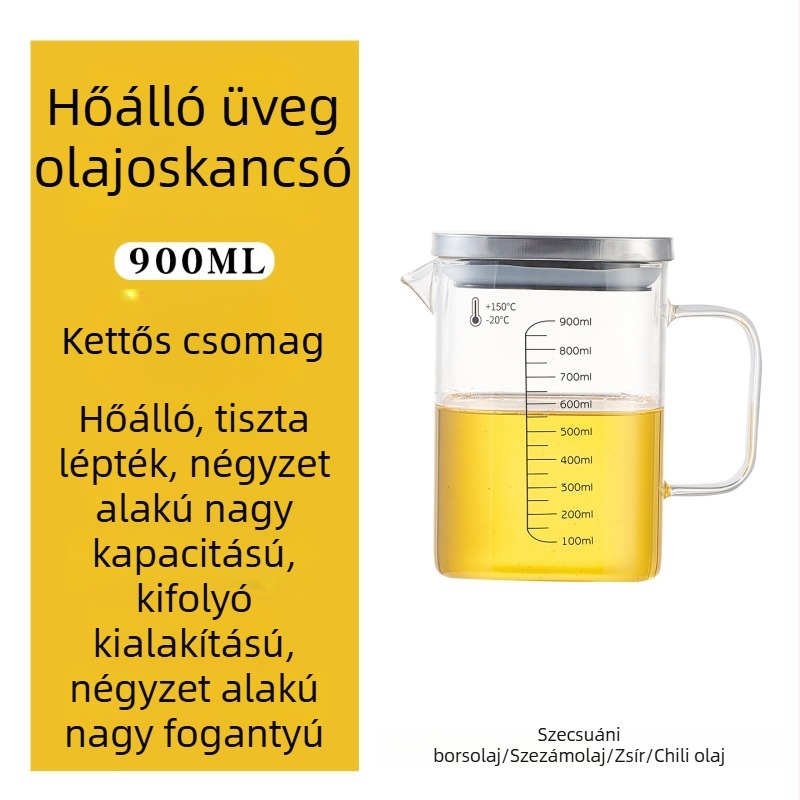 Nagy kapacitású olajtartó üveg fogantyúval, hőálló, négyszögletes mérőedény fedővel, olajhoz és teához.