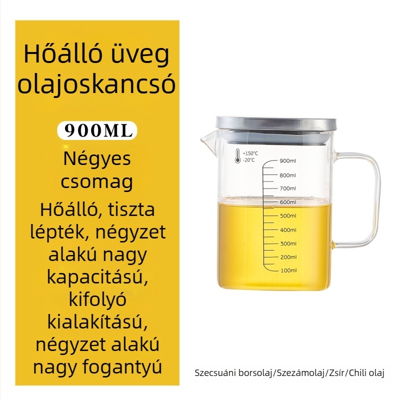 Nagy kapacitású olajtartó üveg fogantyúval, hőálló, négyszögletes mérőedény fedővel, olajhoz és teához.