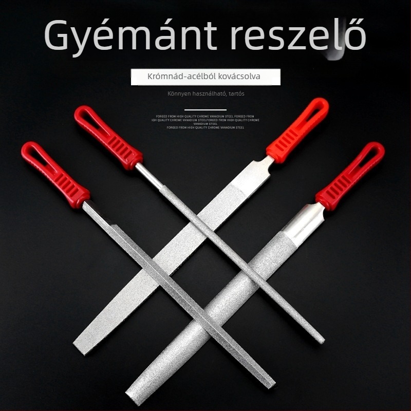Gyémánt reszelő készlet különböző profilokkal: sík, háromszög, kör, négyszög és félkör; elektropolírozott gyémántos csiszoló; méretek 6, 8, 10 és 12 hüvelyk; fémhez és kőhöz egyaránt alkalmas