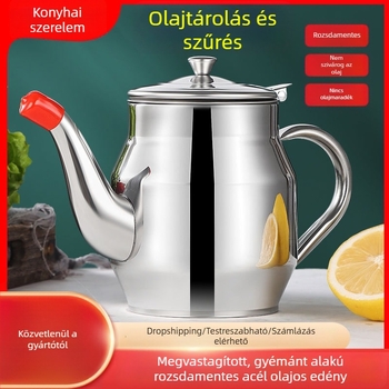 Inox acélból készült olajtartó kanna, élelmiszer-minőségű szűrővel és vastított szűrőhálóval, otthoni konyhához