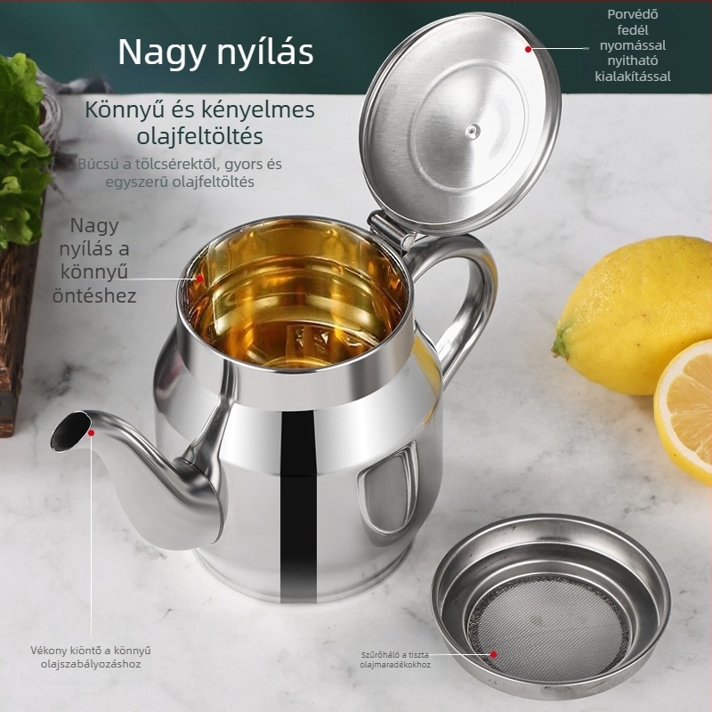 Inox acélból készült olajtartó kanna, élelmiszer-minőségű szűrővel és vastított szűrőhálóval, otthoni konyhához