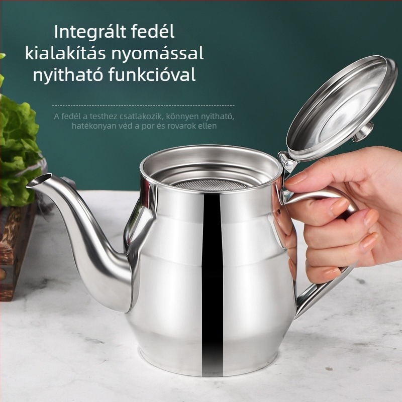 Inox acélból készült olajtartó kanna, élelmiszer-minőségű szűrővel és vastított szűrőhálóval, otthoni konyhához