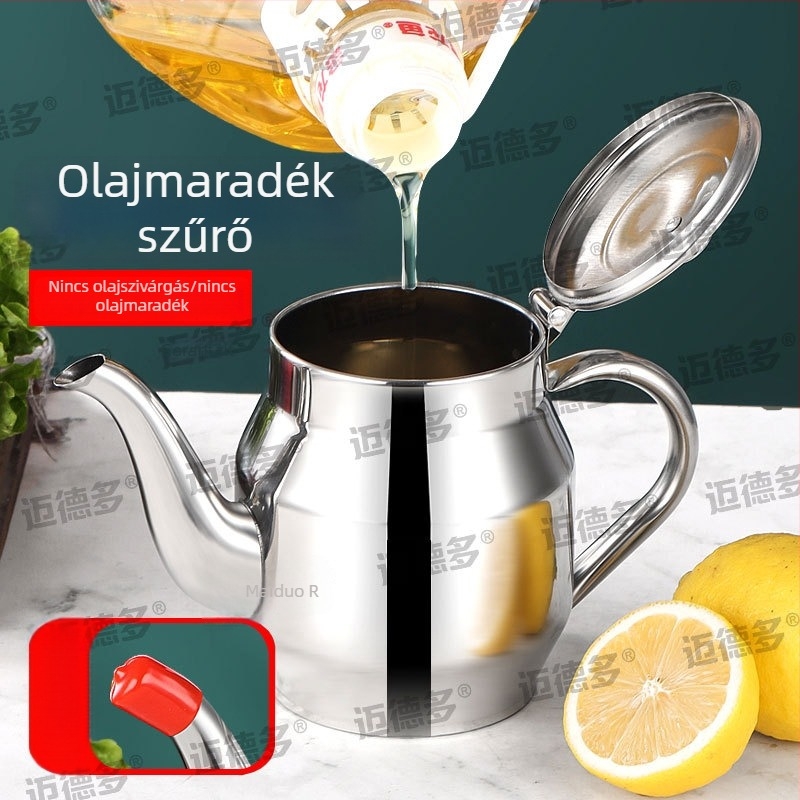 Inox acélból készült olajtartó kanna, élelmiszer-minőségű szűrővel és vastított szűrőhálóval, otthoni konyhához