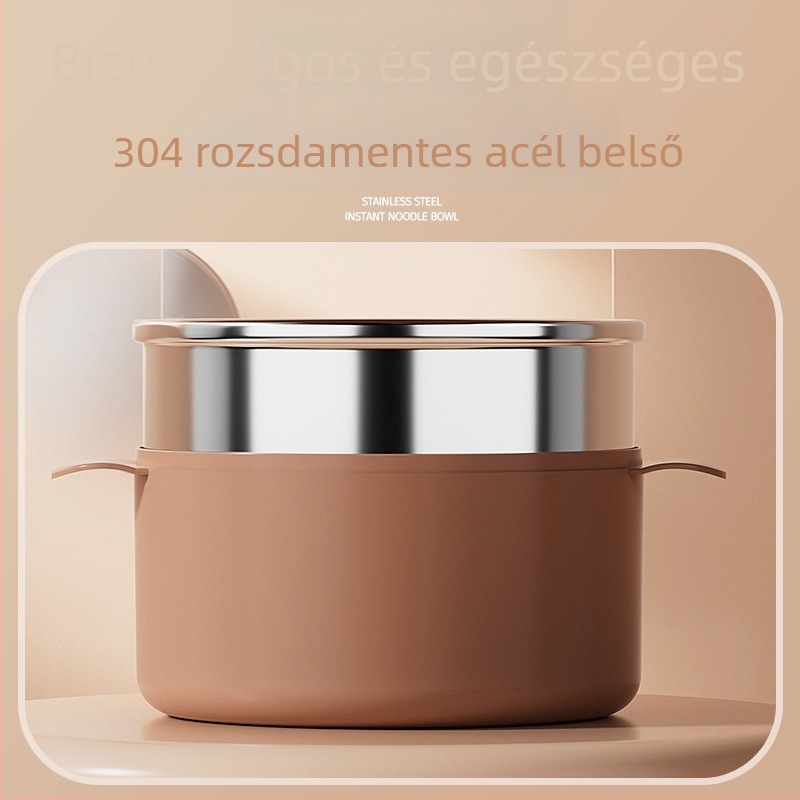 304 rozsdamentes acélból készült dupla falú tál ramenhez és instant tésztához fedővel, medve mintás, beépített leeresztő funkcióval, mikrohullámú sütőben használható, ideális kollégiumokba