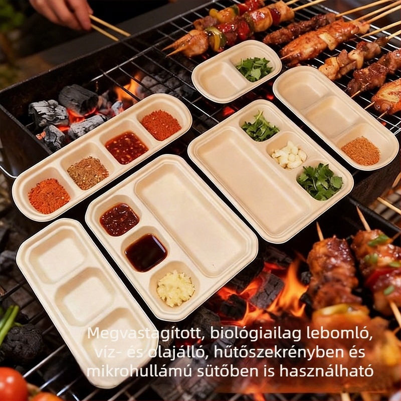 Eldobható papíralapú mártótál forró pothoz és grillhez, több rekeszes, szivárgásmentes, csontelválasztó tál.