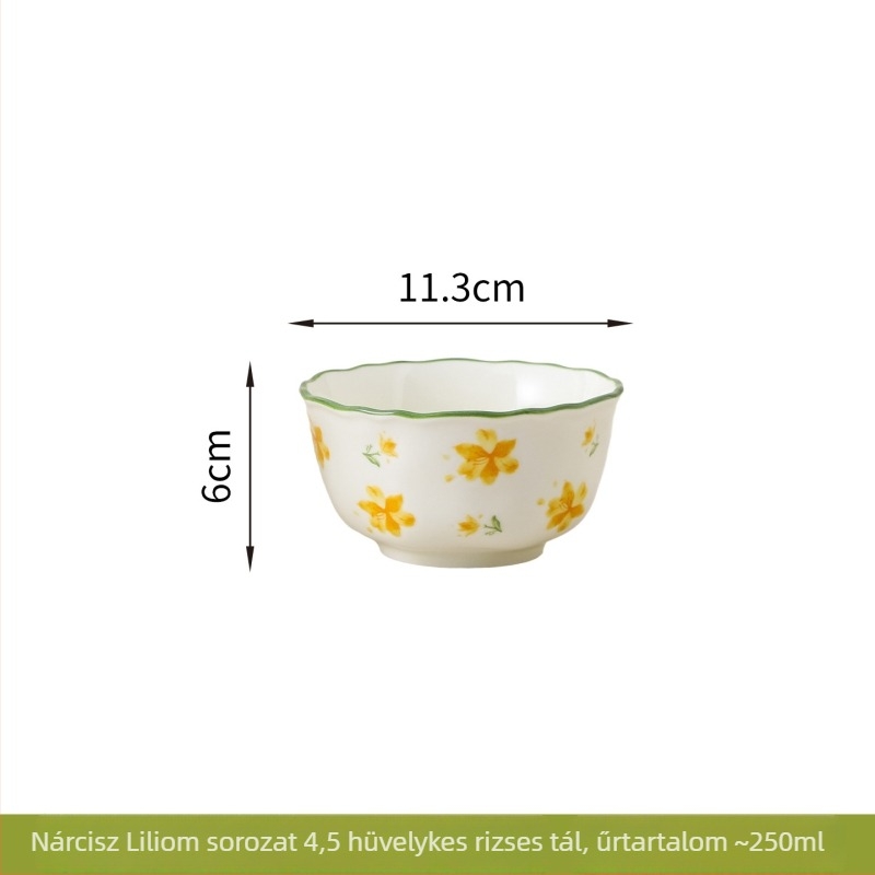 Porcelán Narcissus Lily glazúrozott étkészlet, vidéki stílus – rizstál, leveses tál, tányér