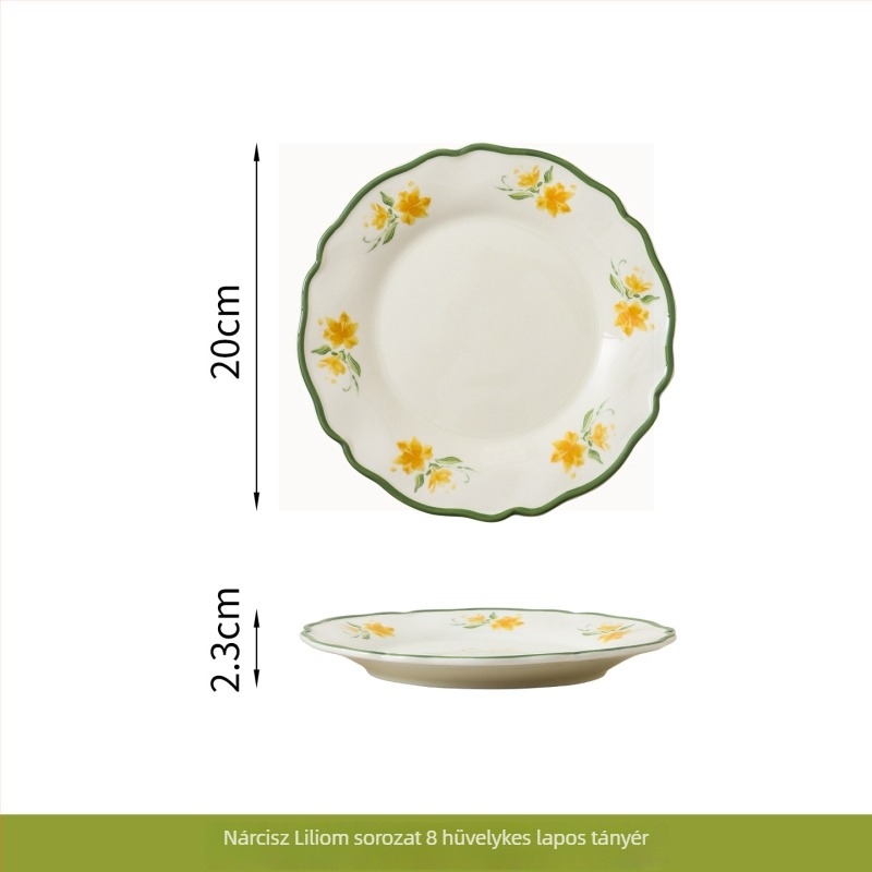 Porcelán Narcissus Lily glazúrozott étkészlet, vidéki stílus – rizstál, leveses tál, tányér