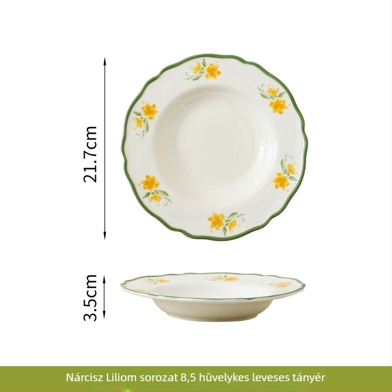 Porcelán Narcissus Lily glazúrozott étkészlet, vidéki stílus – rizstál, leveses tál, tányér