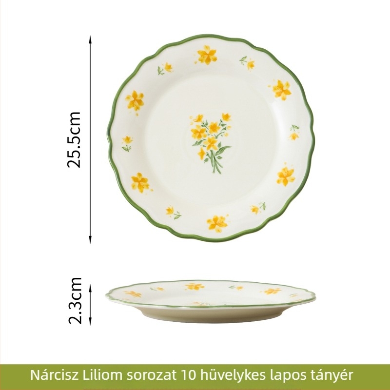 Porcelán Narcissus Lily glazúrozott étkészlet, vidéki stílus – rizstál, leveses tál, tányér