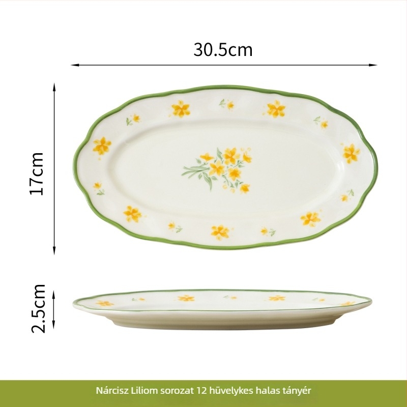Porcelán Narcissus Lily glazúrozott étkészlet, vidéki stílus – rizstál, leveses tál, tányér