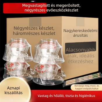Élelmiszer-minőségű egyszer használatos étkezési készlet: négy részes készlet tálakkal és evőpálcikákkal, vastagabb kemény műanyagból, piknikhez, grillezéshez és otthoni használatra