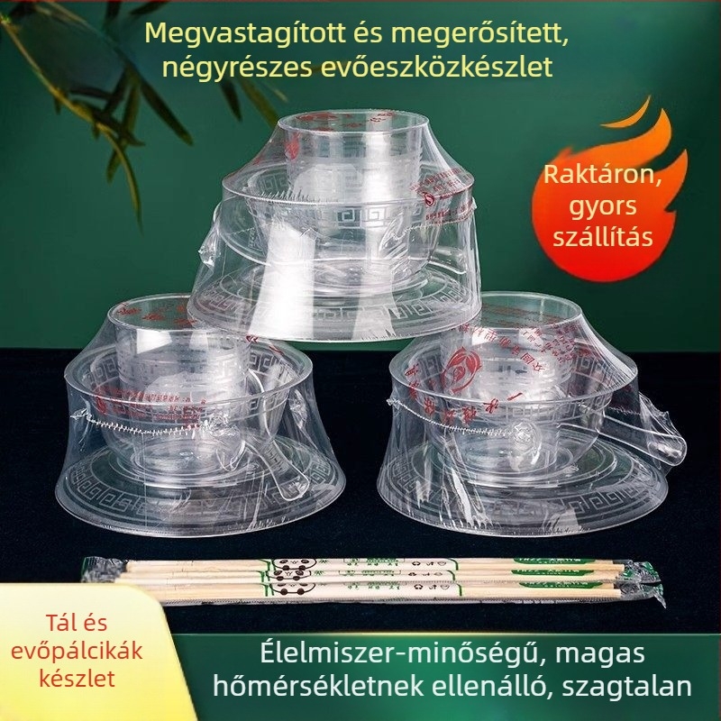 Élelmiszer-minőségű egyszer használatos étkezési készlet: négy részes készlet tálakkal és evőpálcikákkal, vastagabb kemény műanyagból, piknikhez, grillezéshez és otthoni használatra