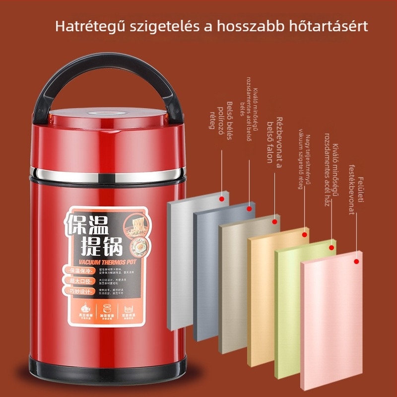 304 rozsdamentes acélból készült termosz ebédes doboz fogantyúval, több rekeszes, nagy kapacitású, dupla falú szigetelés