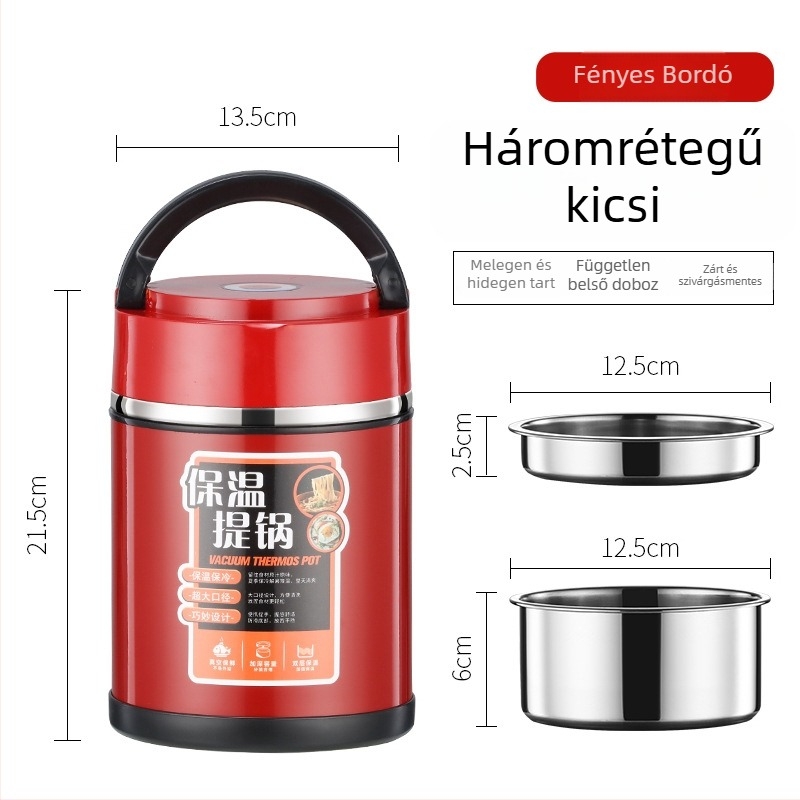 304 rozsdamentes acélból készült termosz ebédes doboz fogantyúval, több rekeszes, nagy kapacitású, dupla falú szigetelés