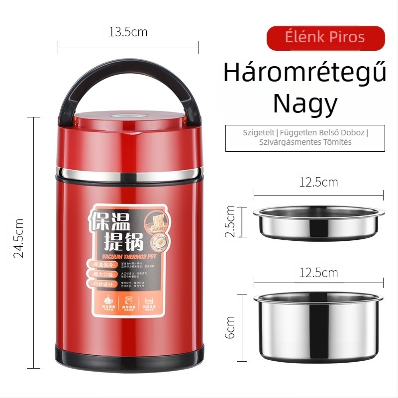 304 rozsdamentes acélból készült termosz ebédes doboz fogantyúval, több rekeszes, nagy kapacitású, dupla falú szigetelés