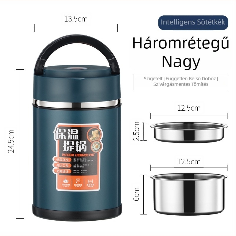 304 rozsdamentes acélból készült termosz ebédes doboz fogantyúval, több rekeszes, nagy kapacitású, dupla falú szigetelés