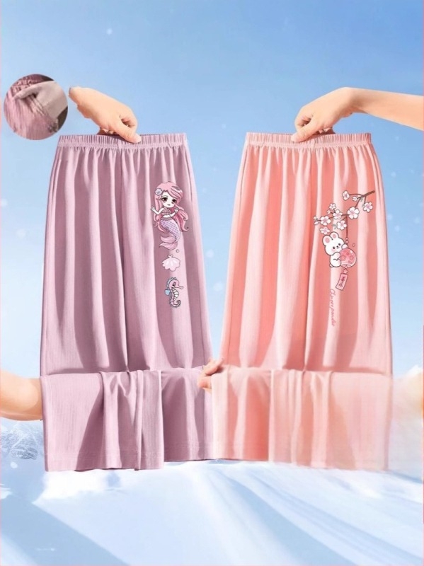 Lányoknak készült nyári ice silk nadrág, 2025-ös új modell, könnyű, széles szárú, karikatúra mintával