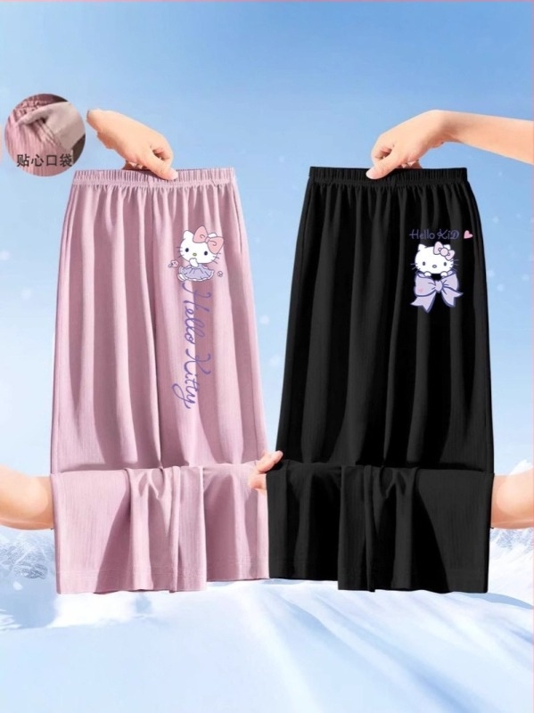 Lányoknak készült nyári ice silk nadrág, 2025-ös új modell, könnyű, széles szárú, karikatúra mintával