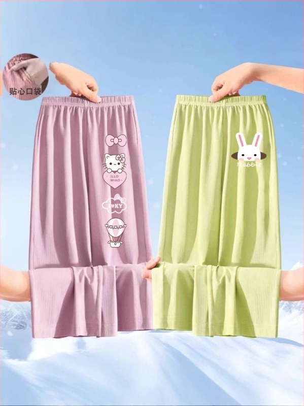 Lányoknak készült nyári ice silk nadrág, 2025-ös új modell, könnyű, széles szárú, karikatúra mintával