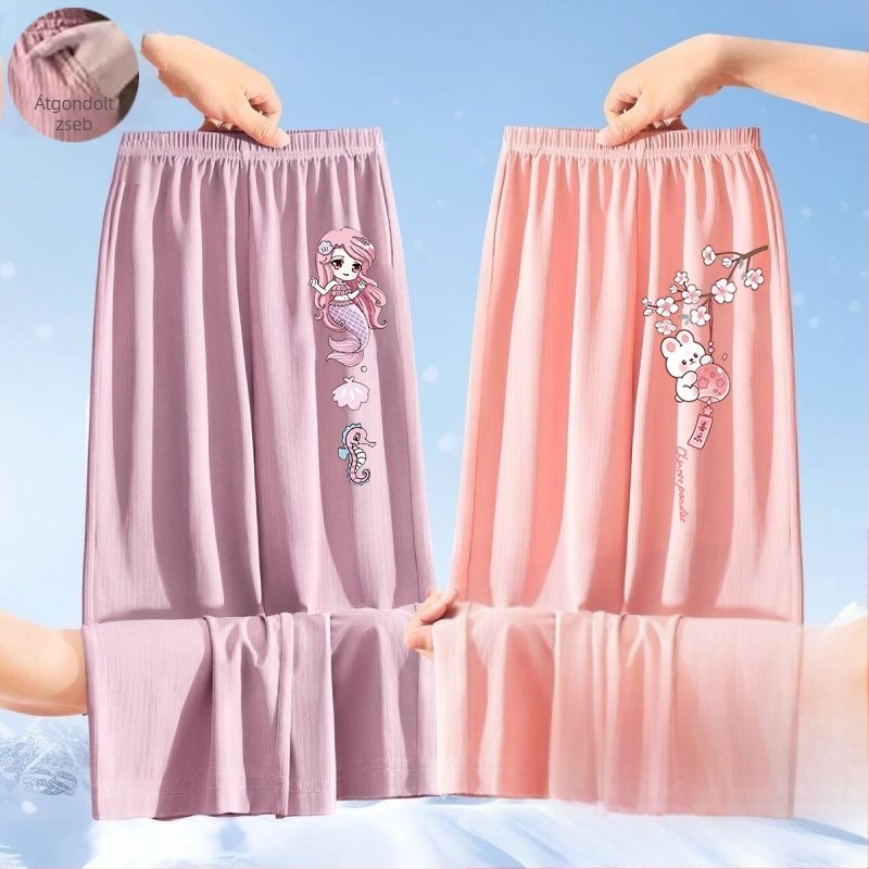 Lányoknak készült nyári ice silk nadrág, 2025-ös új modell, könnyű, széles szárú, karikatúra mintával