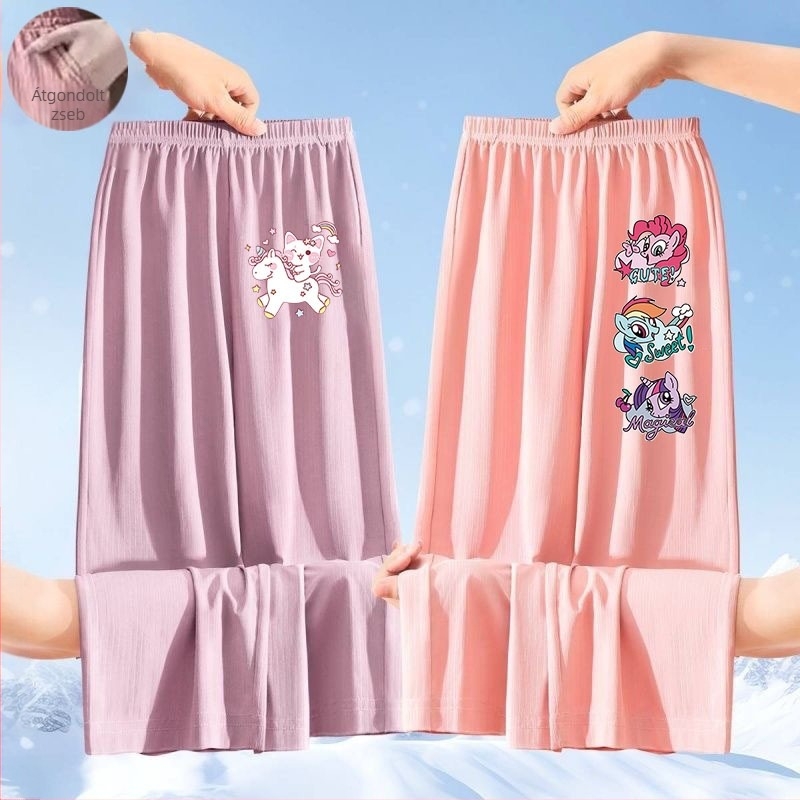 Lányoknak készült nyári ice silk nadrág, 2025-ös új modell, könnyű, széles szárú, karikatúra mintával