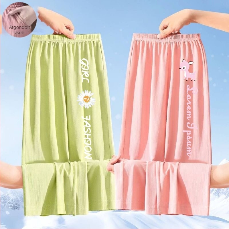 Lányoknak készült nyári ice silk nadrág, 2025-ös új modell, könnyű, széles szárú, karikatúra mintával