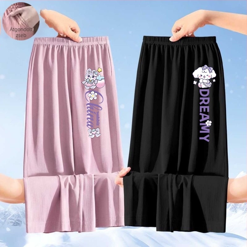 Lányoknak készült nyári ice silk nadrág, 2025-ös új modell, könnyű, széles szárú, karikatúra mintával