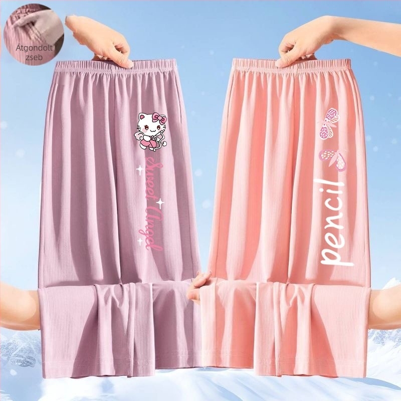 Lányoknak készült nyári ice silk nadrág, 2025-ös új modell, könnyű, széles szárú, karikatúra mintával