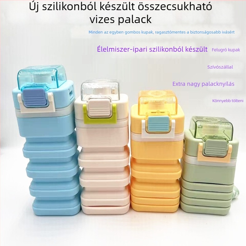 Nagy kapacitású, összecsukható utazó italos pohár, élelmiszer-minőségű szilikonból, szívószállal, magas hőállóságú és szivárgásmentes.
