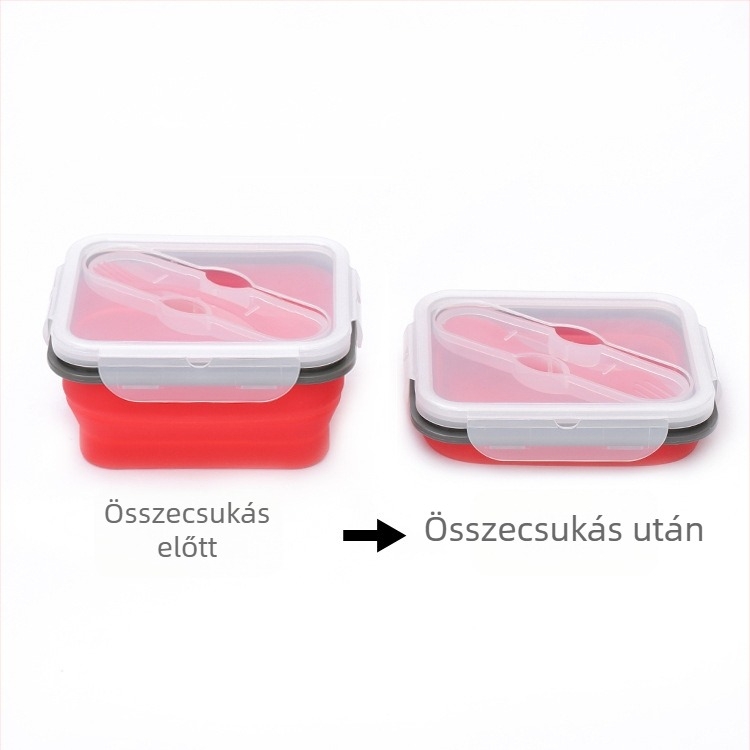 Szilikon összehajtható ebédes doboz kanállal, egy rekesz, mikróban használható, hordozható szabadtéri piknikhez, hőszigetelt