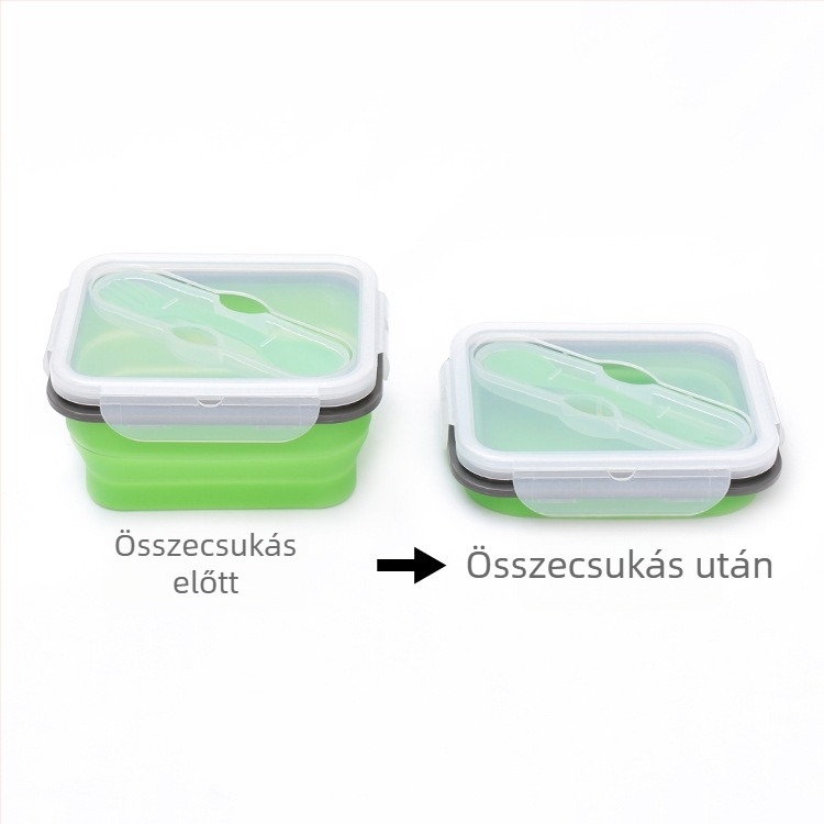 Szilikon összehajtható ebédes doboz kanállal, egy rekesz, mikróban használható, hordozható szabadtéri piknikhez, hőszigetelt