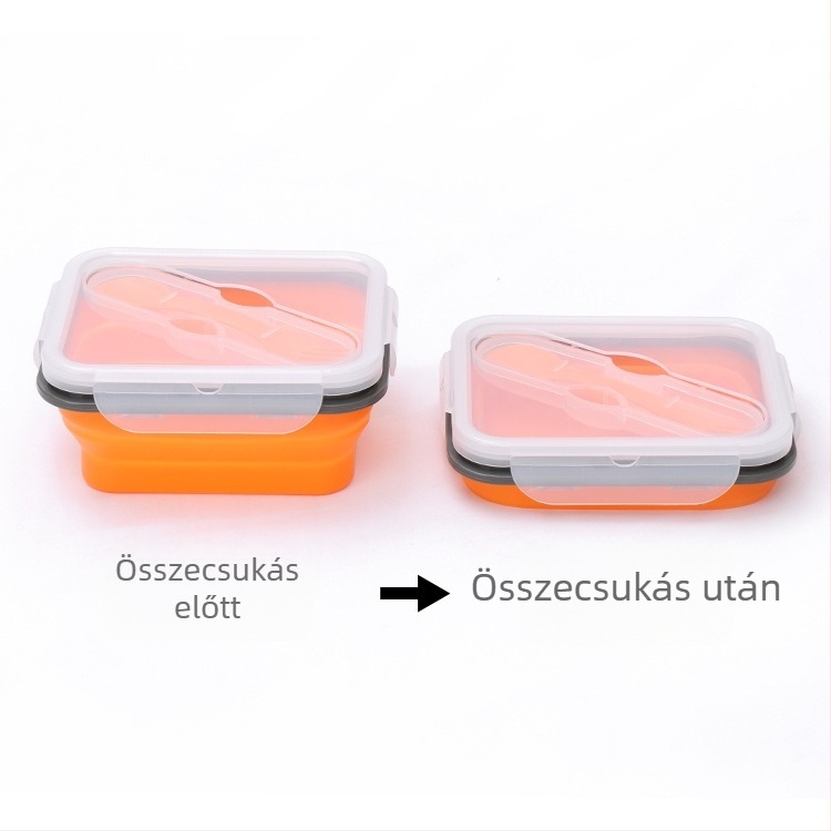 Szilikon összehajtható ebédes doboz kanállal, egy rekesz, mikróban használható, hordozható szabadtéri piknikhez, hőszigetelt