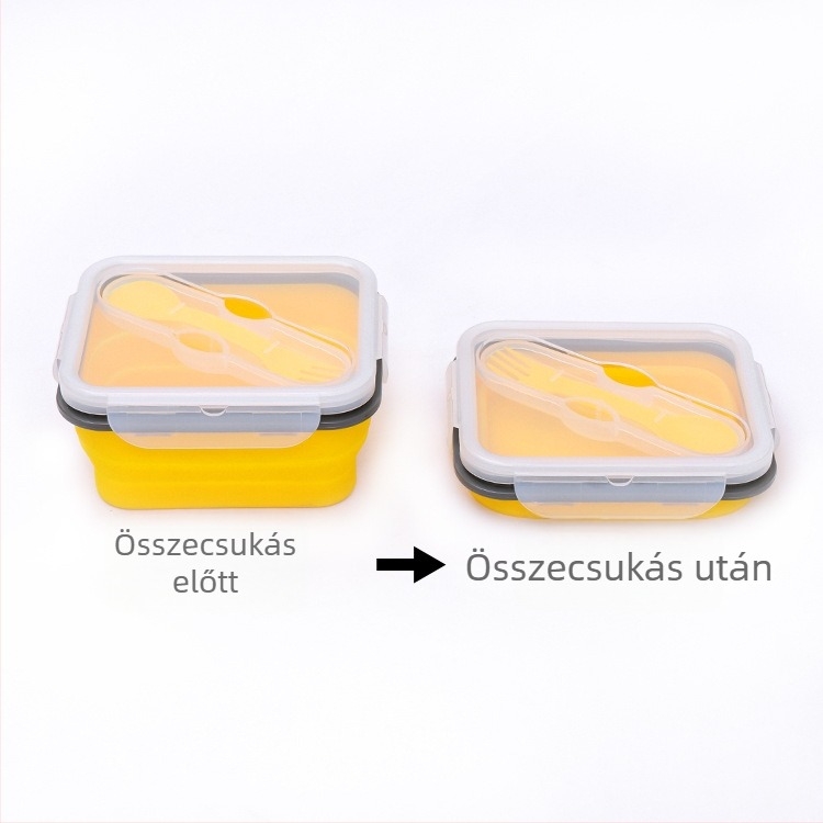 Szilikon összehajtható ebédes doboz kanállal, egy rekesz, mikróban használható, hordozható szabadtéri piknikhez, hőszigetelt