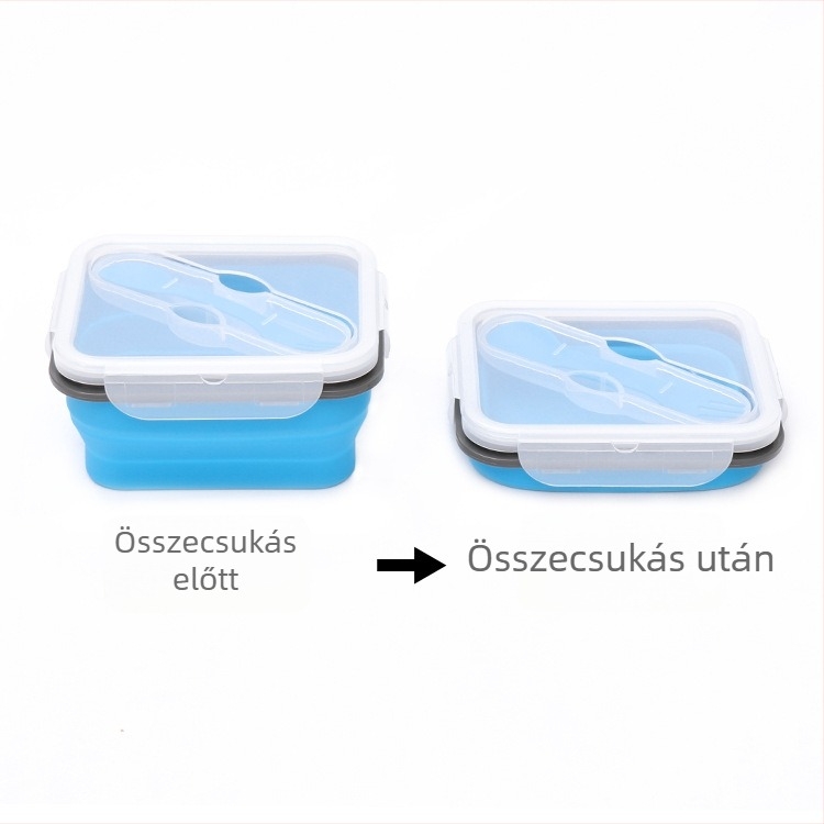 Szilikon összehajtható ebédes doboz kanállal, egy rekesz, mikróban használható, hordozható szabadtéri piknikhez, hőszigetelt
