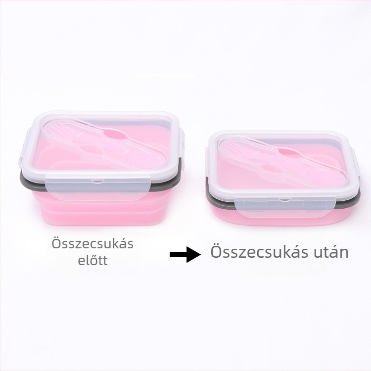 Szilikon összehajtható ebédes doboz kanállal, egy rekesz, mikróban használható, hordozható szabadtéri piknikhez, hőszigetelt