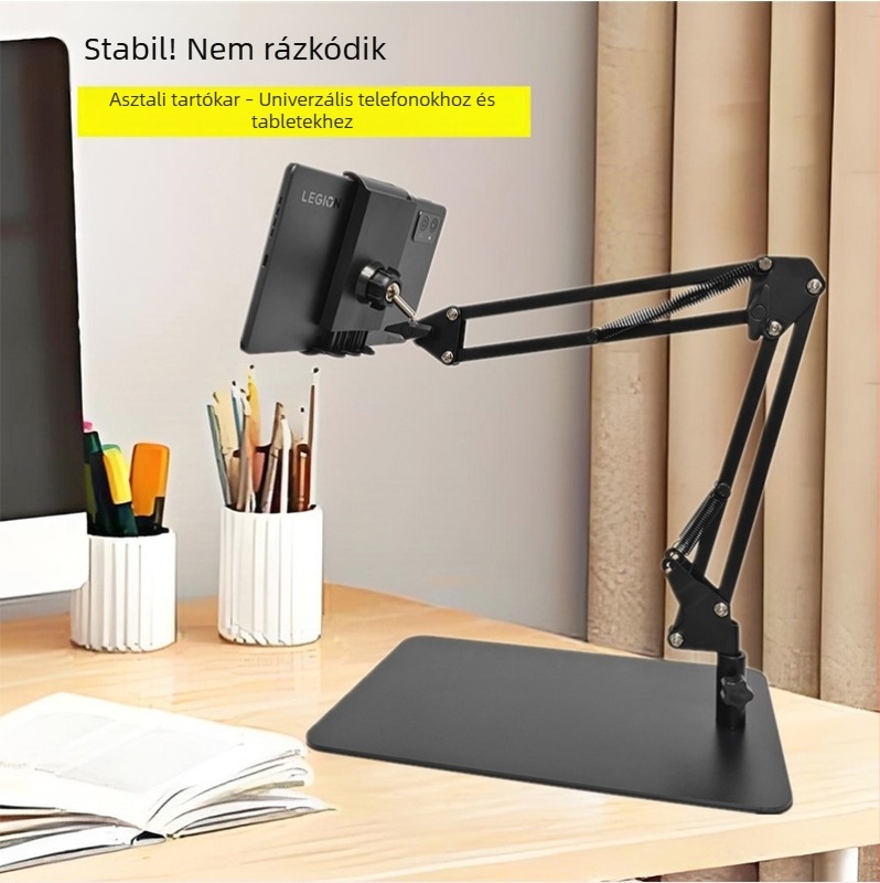 Fémes, kinyújtható asztali kar telefon- és tablet-tartóval, rezgéscsillapító, az ágy melletti használathoz