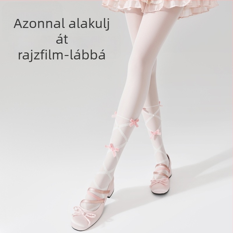 Fehér nylon harisnyák Lolita stílusban, masnival – áttetsző, vékony nőknek