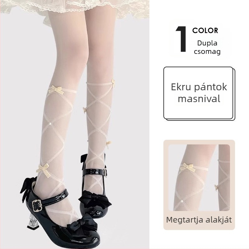 Fehér nylon harisnyák Lolita stílusban, masnival – áttetsző, vékony nőknek