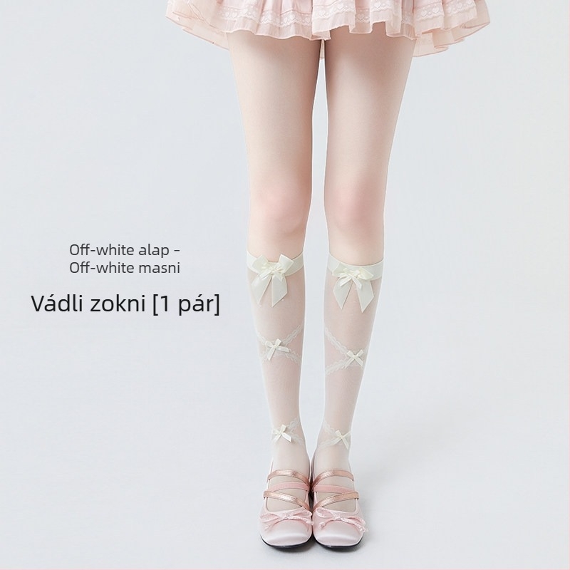Fehér nylon harisnyák Lolita stílusban, masnival – áttetsző, vékony nőknek