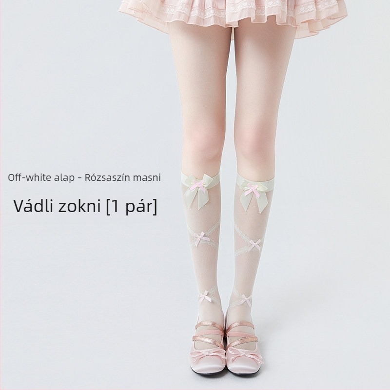 Fehér nylon harisnyák Lolita stílusban, masnival – áttetsző, vékony nőknek