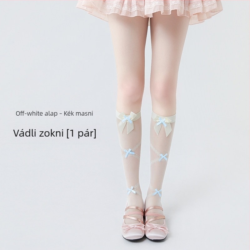 Fehér nylon harisnyák Lolita stílusban, masnival – áttetsző, vékony nőknek