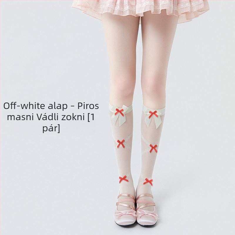 Fehér nylon harisnyák Lolita stílusban, masnival – áttetsző, vékony nőknek